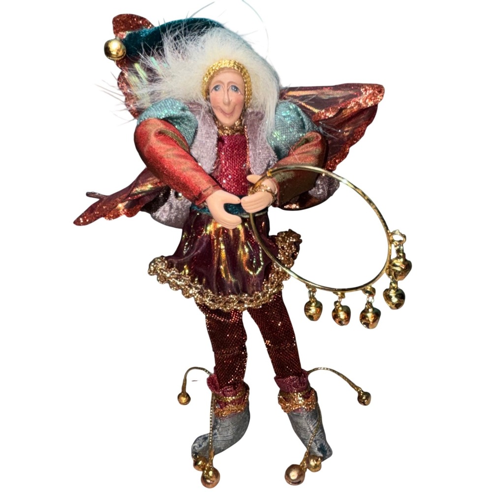 Vintage Burgundy Gold Metallic Whimsical Jester Fairy Bell Ornament 8"